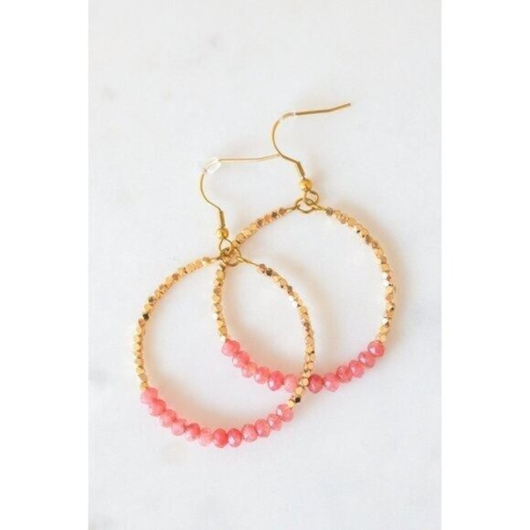 Red Jade Pink Sparkly Gold Beaded Earring Gemstone dangle hoops vacation jewelry - Picture 8 of 10